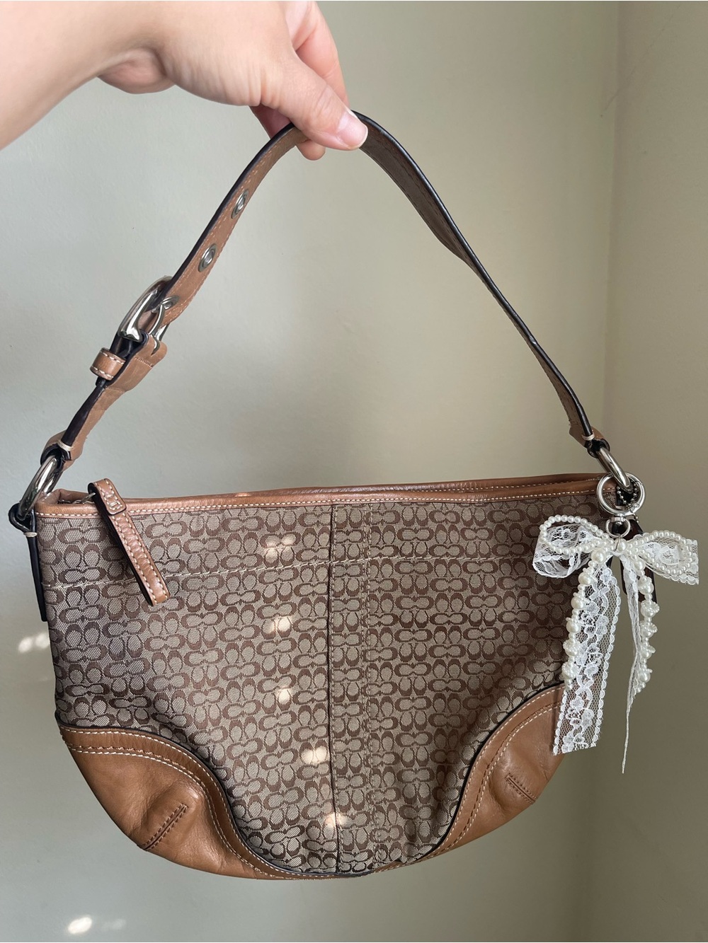 Coach Vintage Brown Signature Jacquard Shoulder Bag with Leather Trim
